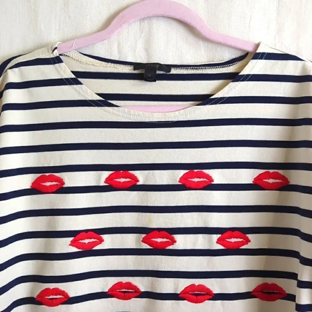 J Crew Top Size M Navy and White Stripe Embroidered Red Lips Kisses